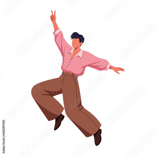 Joyful Dance of Life: A stylishly dressed individual leaps with jubilant energy, arms outstretched in a vibrant celebration of movement, embodying the freedom of dance and boundless positive vibes.