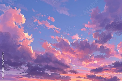 Pastel sunset sky with fluffy clouds