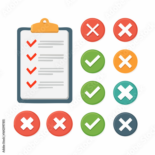 Checklist vector icon set, checkmarks, cross symbols, and clipboard designs vector style. 