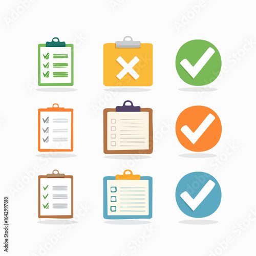 Checklist vector icon set, checkmarks, cross symbols, and clipboard designs vector style. 