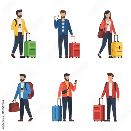 Traveling People: A vibrant collection of travelers, each with their luggage, captures the essence of movement, travel, and the anticipation of new adventures.