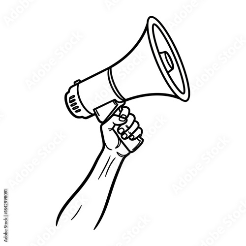Megaphone Announcement: A strong arm raises a megaphone, symbolizing a call for action or the amplification of a message, capturing the essence of communication and announcement.