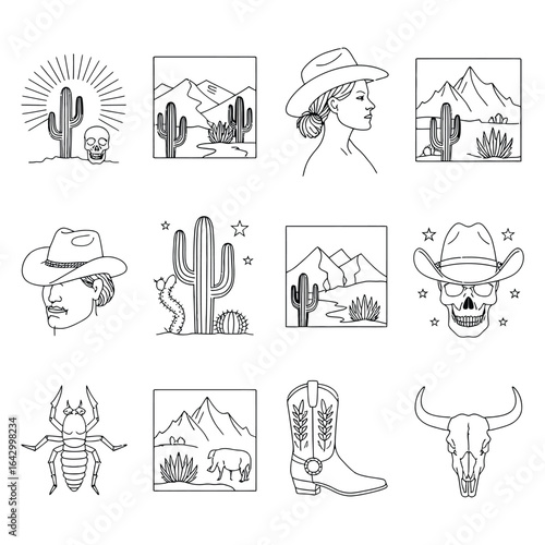 Desert cowboy skull cactus boot bull cowboy hat desert landscape