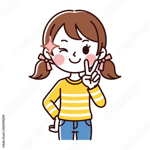 Smiling Girl with Peace Sign and Winking: A joyful illustration of a charming young girl, playfully flashing a peace sign and winking to express lightheartedness and positive vibes.