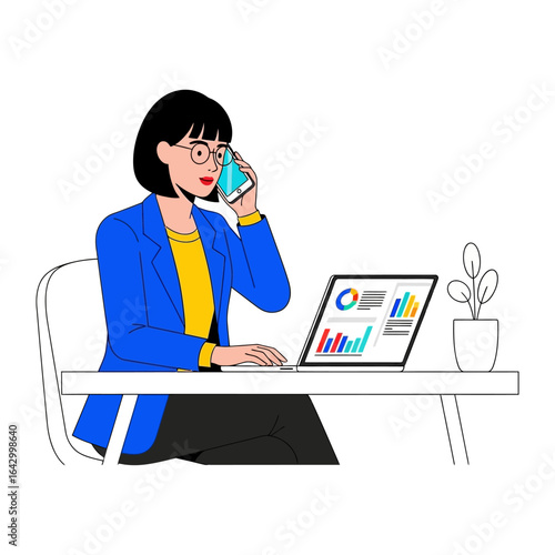 Smart Business Call: A modern illustration presents a woman engrossed in a phone call, her focus split between a sleek laptop displaying insightful business data and her ongoing conversation.
