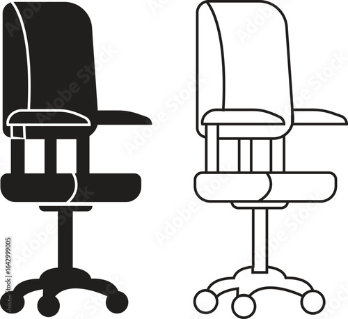 Office chair icons set black flat and outline styles vectors collection, ergonomic furniture bundle, swivel seat silhouette, adjustable backrest symbols, modern workplace seating illustration designs.