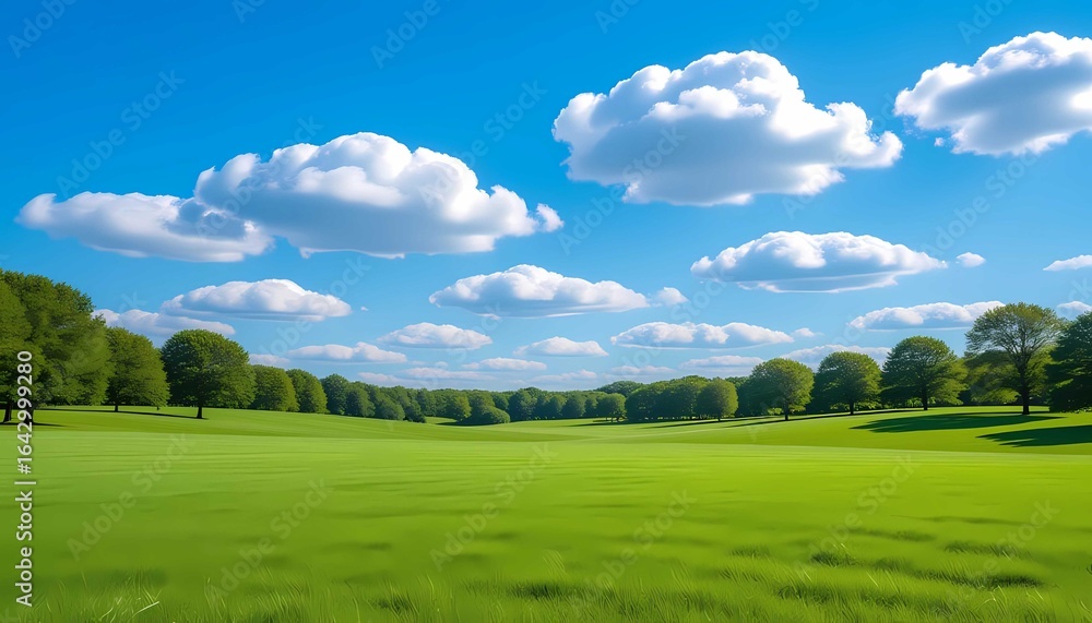 Obraz premium Green meadow with trees under blue sky