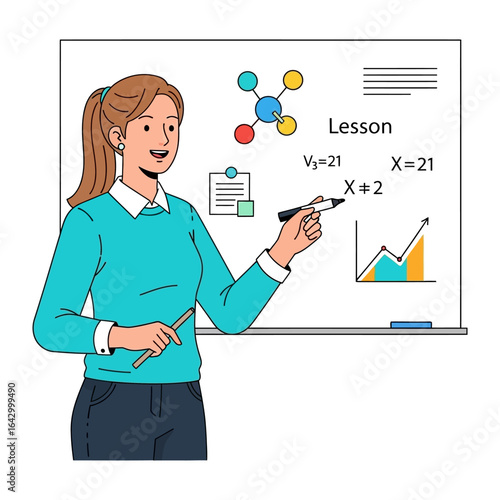 Teacher's Lesson in the Classroom: A focused teacher uses a marker to explain a mathematical formula on a whiteboard, with diagrams and scientific illustrations adding depth to her lesson.