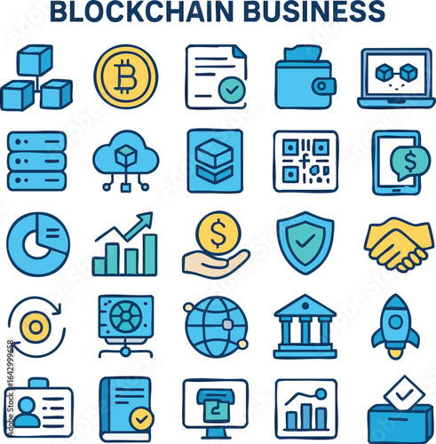 A modern flat vector icon set featuring blockchain, cryptocurrency, and digital business themes. Perfect for fintech apps, cryptocurrency platforms, blockchain startups, web3 projects.