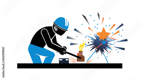 Illustration of metal worker welding with safety gear and sparks for industrial applications and projects