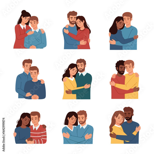 Romantic Embrace: A collage of diverse couples, each intimately intertwined in a warm embrace, expressing a kaleidoscope of love, tenderness, and connection.