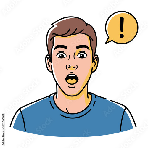 Surprised Face: This illustration captures a portrait of a man with wide, surprised eyes and an open mouth, complete with an exclamation bubble indicating shock or surprise. 