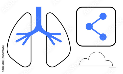 Abstract lungs illustration with branching airways, connected sharing icon, and cloud metaphor. Ideal for health, technology, data sharing, environment, respiratory care, innovation and simple