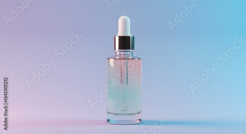 Captivating Visual of a Clear Glass Serum Dropper Bottle Filled with a Delicate Pink and Blue Liquid Against a Soft Gradient Background	