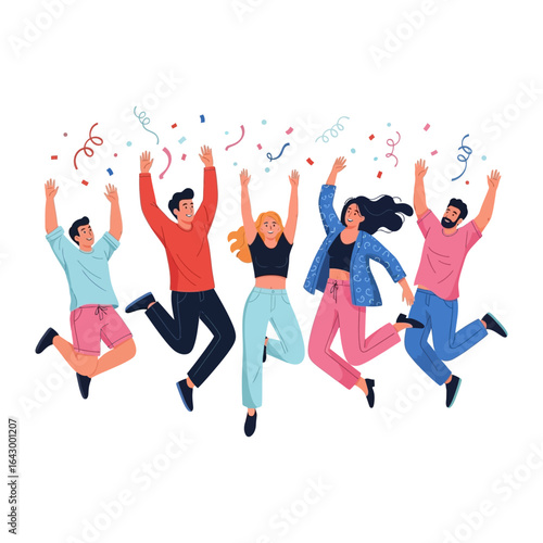 Joyful Celebration: A dynamic scene captures the excitement and festivity of a celebration, with people jumping joyfully as colorful confetti rains down, embodying pure elation.