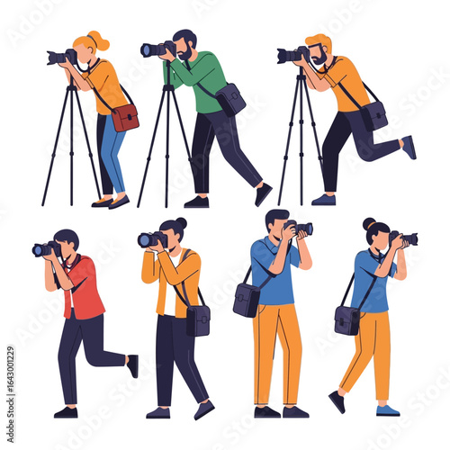 Photographers in Action: A vibrant and dynamic illustration showcases photographers captured in their element, each skillfully wielding a camera, capturing the essence of their craft.