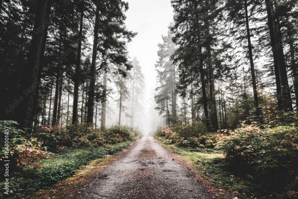 Fototapeta premium Misty forest path, tall trees line a gravel road