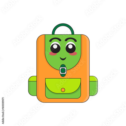 Cute school backpack cartoon mascot isolated illustration with orange and green color for back to school template