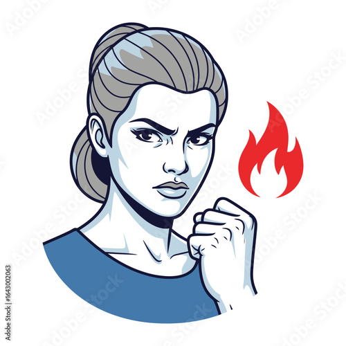 Anger Unveiled: A striking illustration of a woman radiating intensity, her clenched fist and fiery demeanor embodying raw emotion. A powerful visualization of anger.