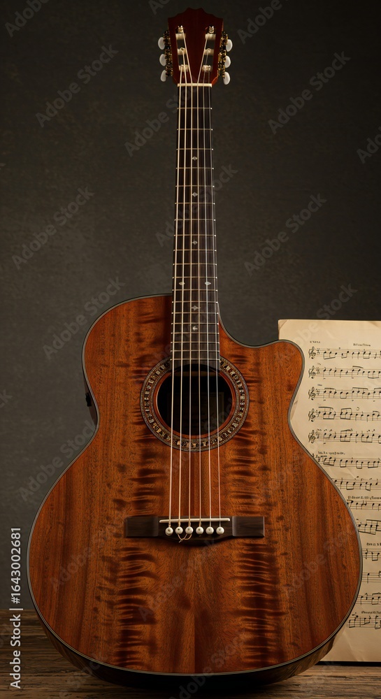 Fototapeta premium Acoustic Guitar Beauty: Close-Up of a Stunning Stringed Instrument