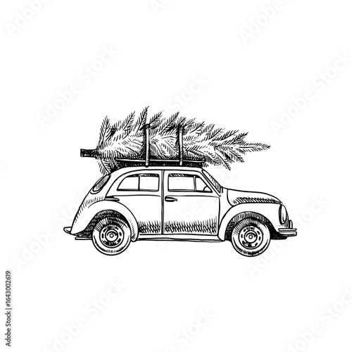 Vintage hand drawn old car with Christmas treel. Traditional sketch ornament. Holiday isolated vector illustration.