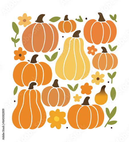 Autumn harvest of pumpkins and flowers in flat design style fall squash