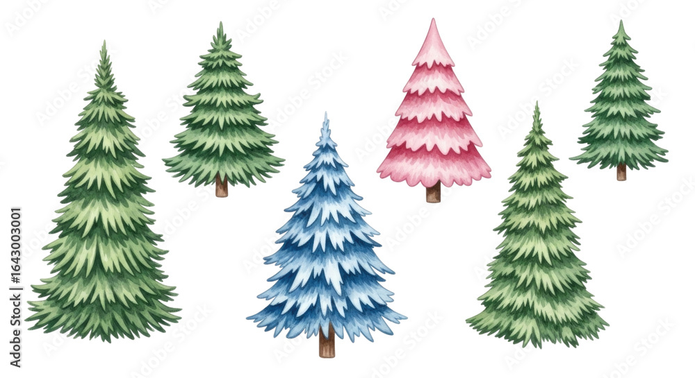 Obraz premium Colorful collection of evergreen trees in various shades cutout isolated on transparent bg, png