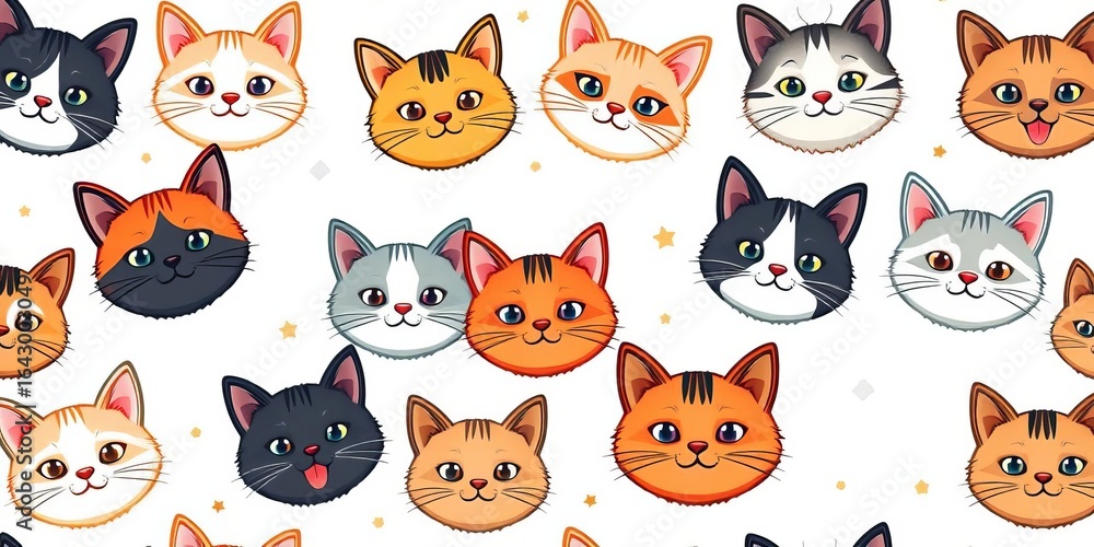 Obraz premium Whimsical seamless pattern featuring diverse cute cartoon cat faces in various poses on a white background, funny, sweet