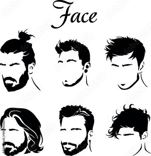 Vector collection of men's haircuts and beards. Barbershop silhouette faces.