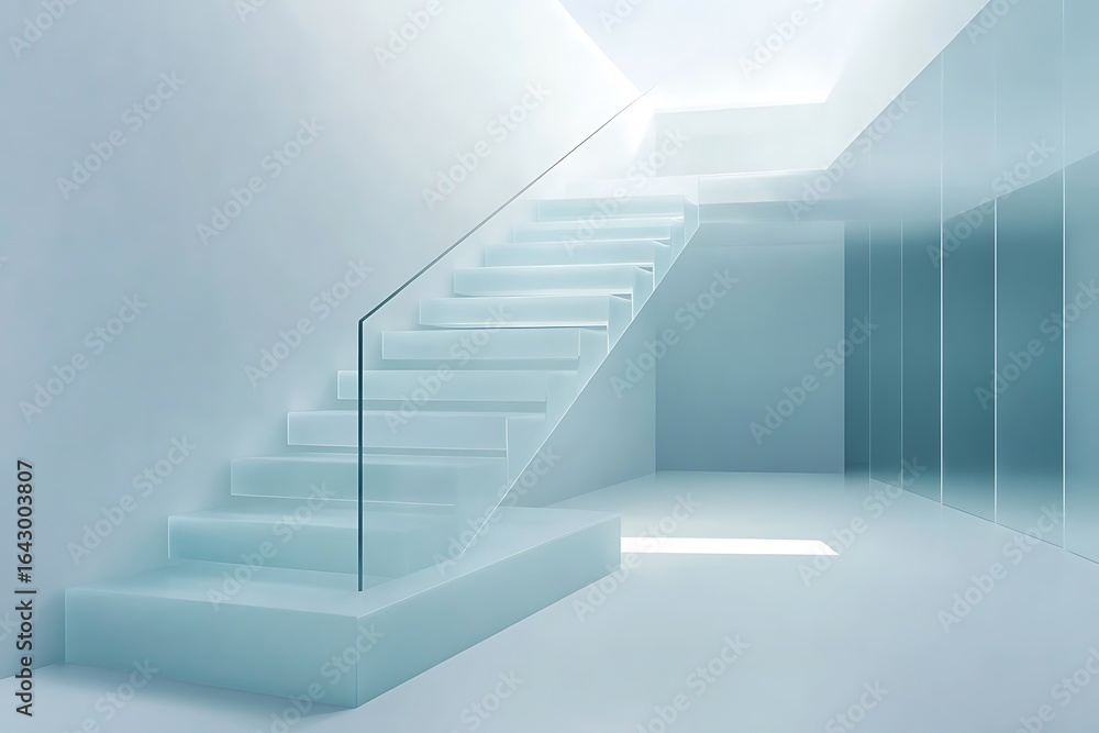 Obraz premium Understated staircase with slim frosted glass barriers and wide white floating steps