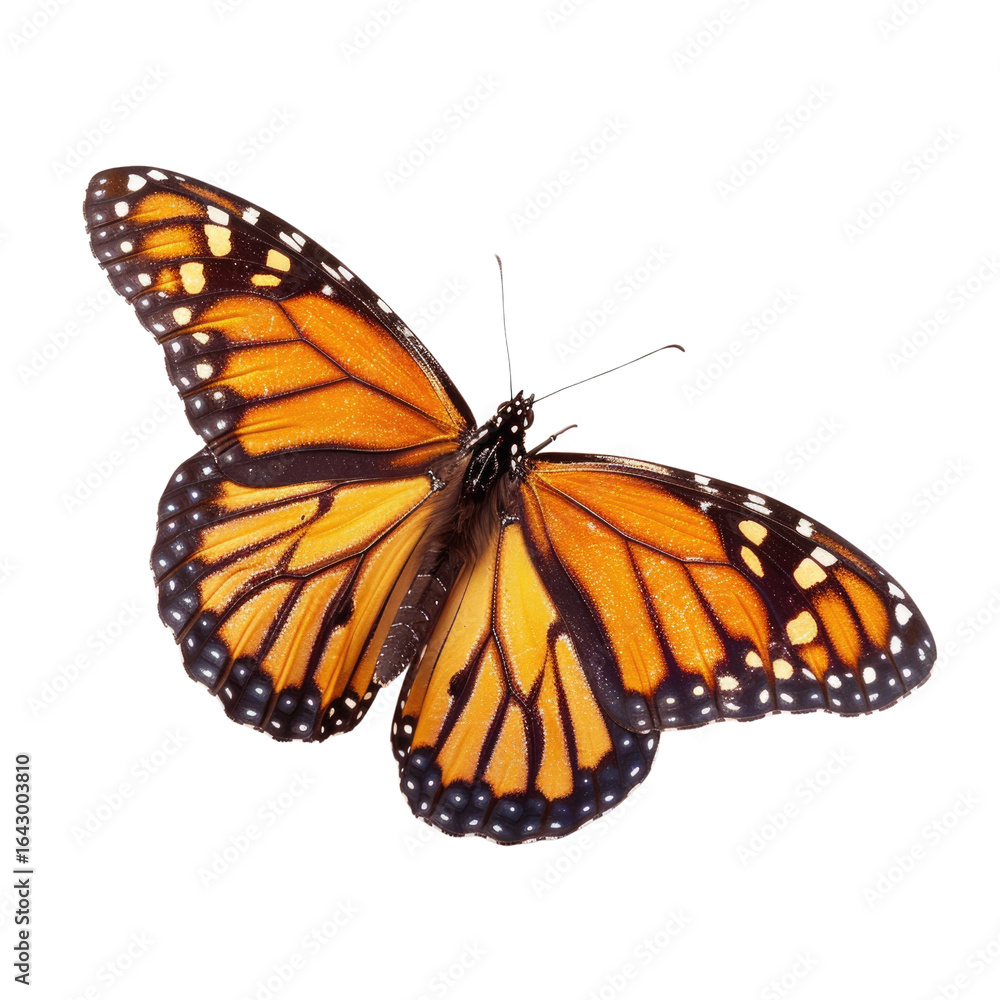 Fototapeta premium A vibrant monarch butterfly with orange wings and black veins, isolated on a transparent background. background removed