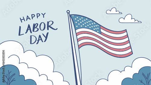 Happy labor day celebration with american flag waving in the wind and clouds in the sky illustration