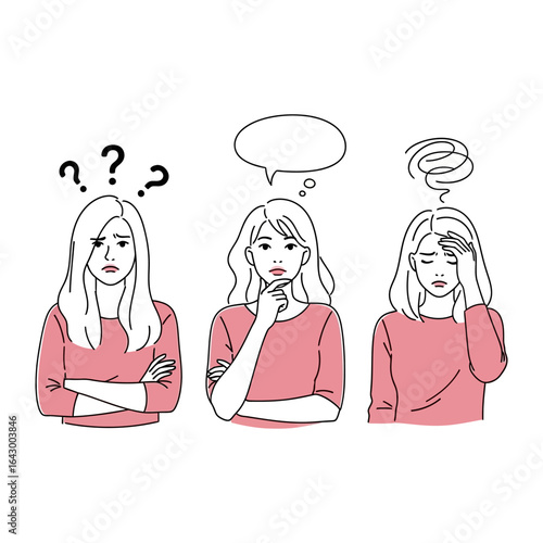Unveiling Emotions: A sequential illustration showing woman displaying contemplation, confusion, and frustration, providing visual insights into various states of mind.