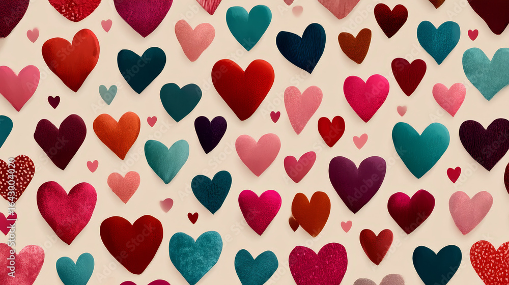 Fototapeta premium Beige seamless background. Valentine's day with colorful hearts. Endless ornament with beautiful hearts for Valentine's Day.