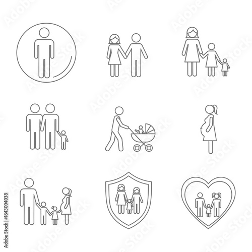 Family Icon Set: Diverse family structures are represented in a clean, linear icon set. Exploring various relationships, highlighting togetherness, unity, and love.