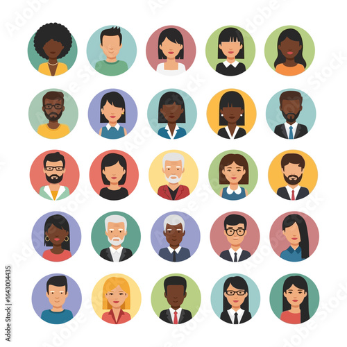 Diverse Portrait Collection: A vibrant set of portraits representing a spectrum of individuals, each encapsulated within a colorful circle.
