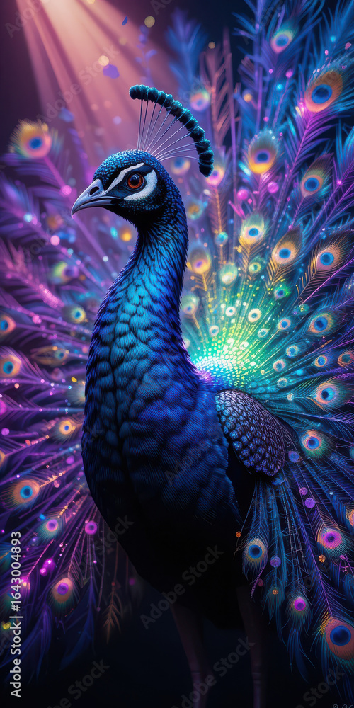Obraz premium Iridescent peacock displaying vibrant plumage with glowing accents and detailed feathers
