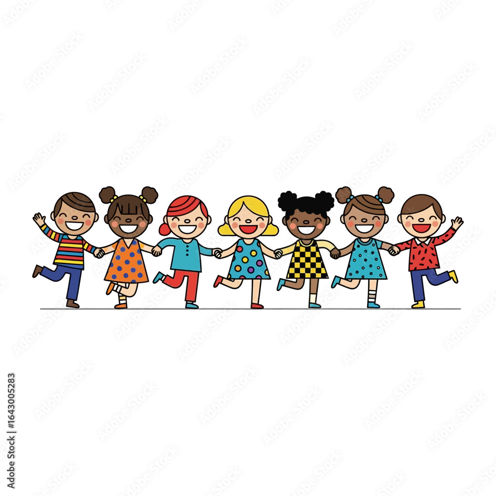 Harmony's Embrace: A joyous procession of children, hand in hand, embodies the universal values of friendship, unity, and global togetherness, designed in a simple flat design style. Harmony's Embrace: A joyous procession of children, hand in hand, embodies the universal values of friendship, unity, and global togetherness, designed in a simple flat design style.