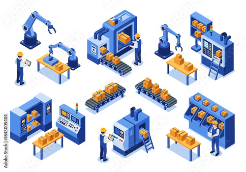 3D isometric view illustration set of various automated factory processes featuring robotic arms, CNC machines, conveyor belts moving goods, and factory workers overseeing the production