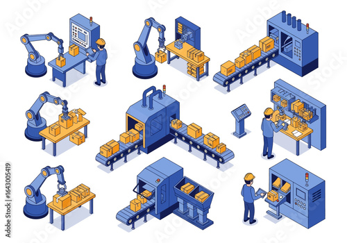 3D isometric view illustration set of various automated factory processes featuring robotic arms, CNC machines, conveyor belts moving goods, and factory workers overseeing the production