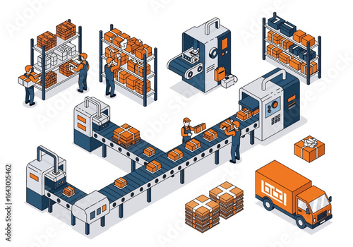 3D isometric view illustration of a warehouse and distribution center with workers packing boxes, conveyor belts moving packages, automated machinery, storage shelves, and a delivery truck ready