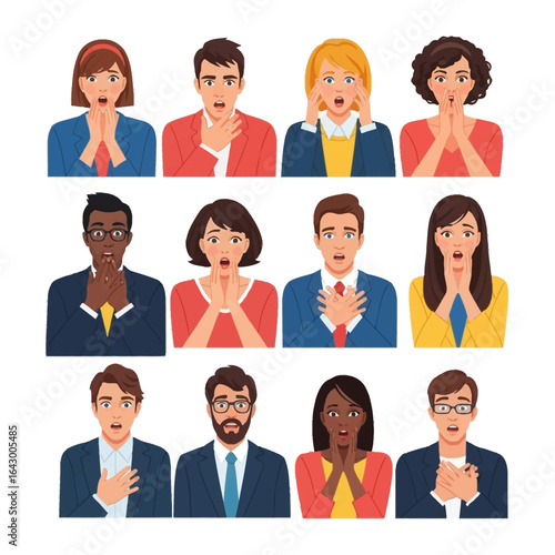 Expressions of Shock and Awe: A compilation of illustrated portraits depicting individuals from diverse backgrounds, their faces contorted with surprise, awe, and a palpable sense of astonishment.