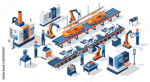 3D isometric view illustration of an advanced car manufacturing assembly line with robotic arms welding car bodies, conveyor belts moving vehicles, and factory workers overseeing the automated process