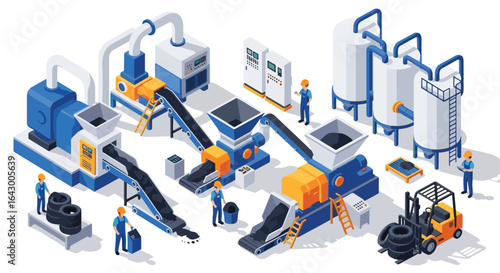 3D isometric view illustration of a tire recycling factory with machinery processing old tires, conveyor belts, workers, a forklift, storage tanks, and resulting rubber granules