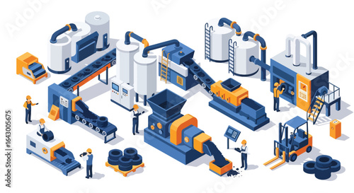 3D isometric view illustration of a tire recycling factory with machinery processing old tires, conveyor belts, workers, a forklift, storage tanks, and resulting rubber granules