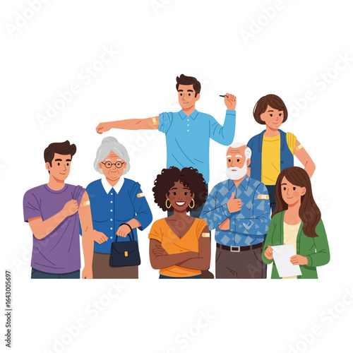 Vaccination: Depicting a diverse group of individuals united, all receiving vaccinations, emphasizing the importance of preventative care.