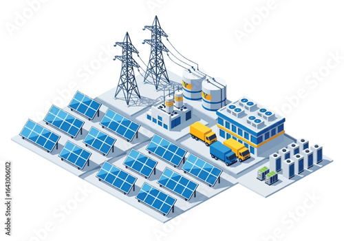 3D isometric view illustration of a solar power plant with renewable energy solar panels, electricity towers, a factory building, and trucks. Modern industry and sustainable energy