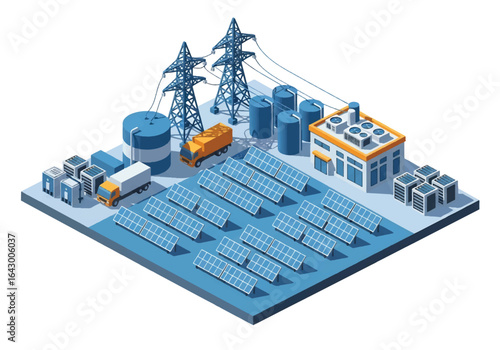 3D isometric view illustration of a solar power plant with renewable energy solar panels, electricity towers, a factory building, and trucks. Modern industry and sustainable energy