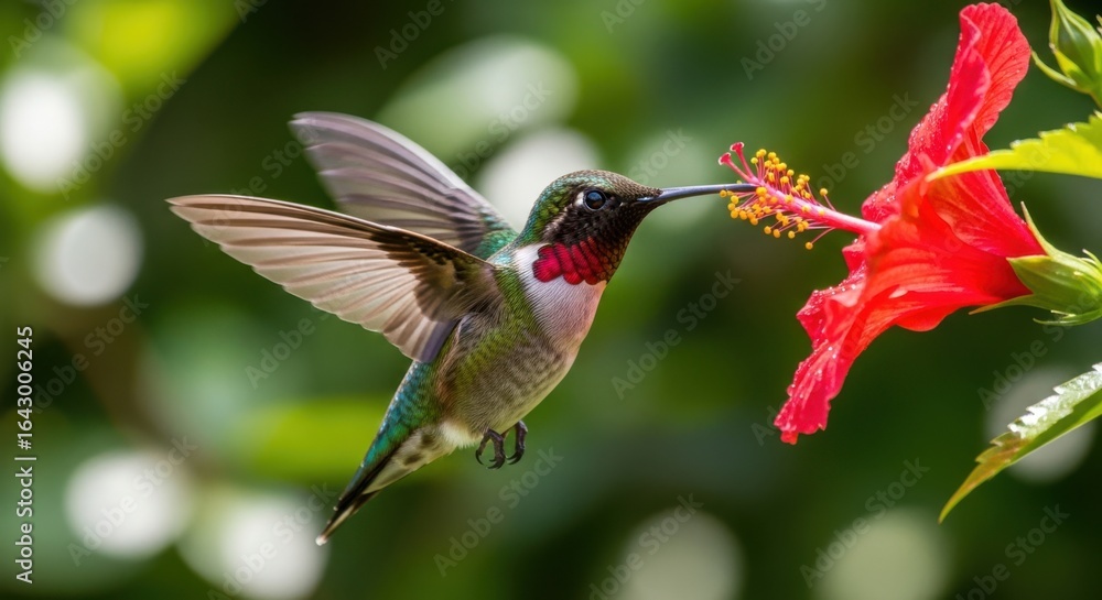 Fototapeta premium Tiny hummingbird drinks nectar from a vibrant red hibiscus flower