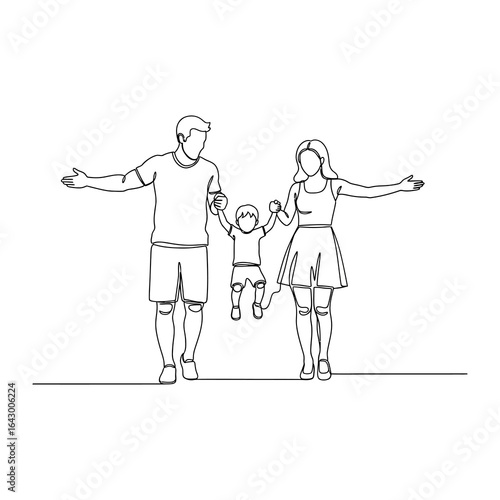 Joyful Family: A Simple black line illustration of a family of three, embracing happiness and love, forms a minimalist representation of familial bonding. 